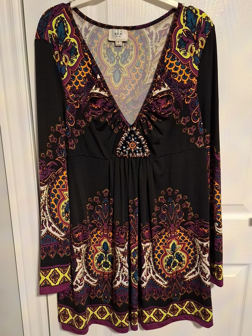 ECI Black Paisley V-Neck Long Sleeve Fit & Flare Dress with Jewel Accent